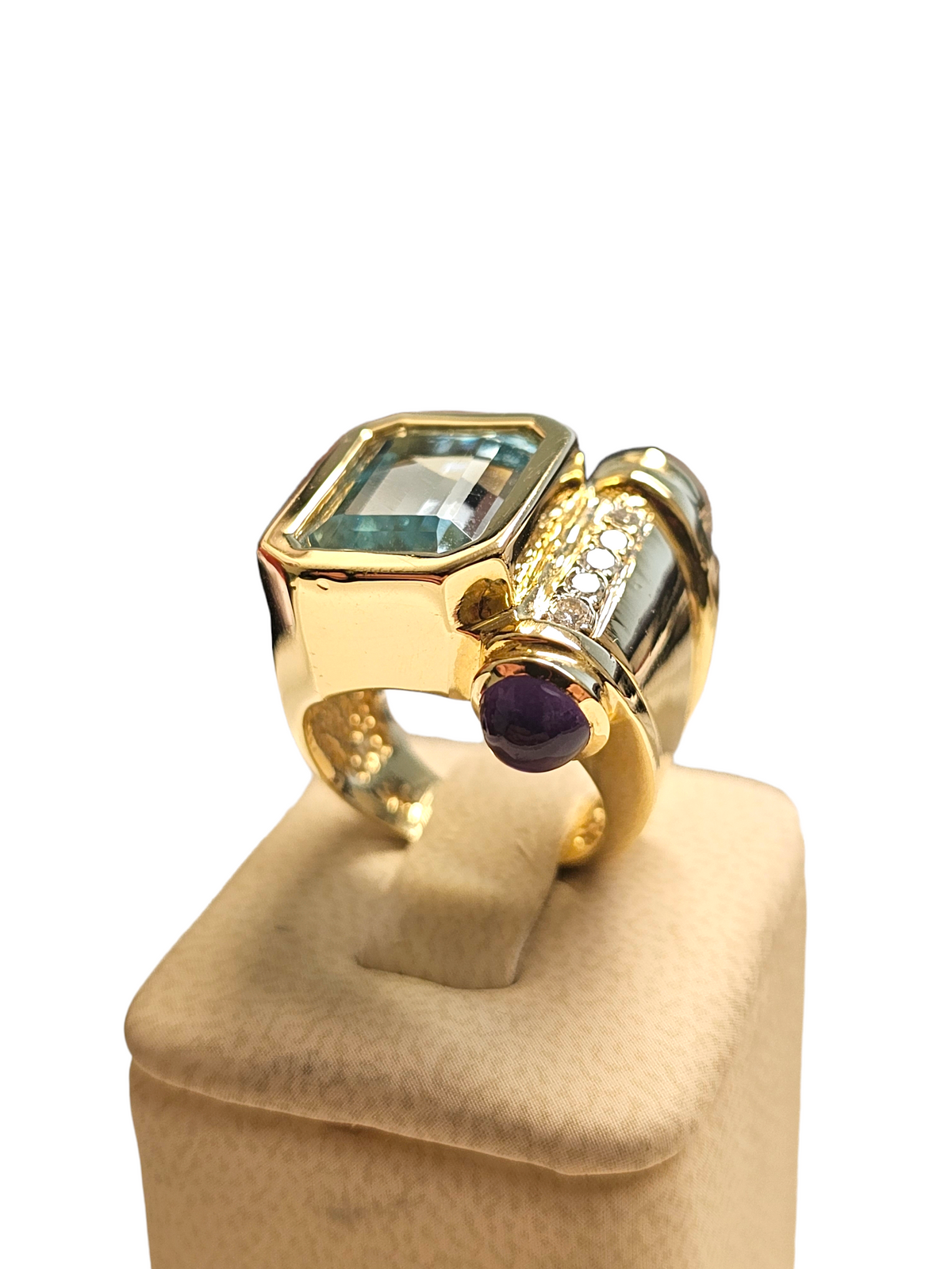 14Kt Yellow Gold Aquamarine Amethyst Tourmaline and Diamond Ring