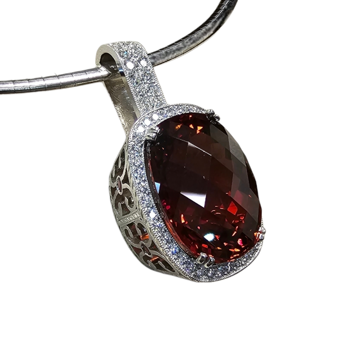 18Kt White Gold Spessartite, Ruby and Diamond Pendant Necklace