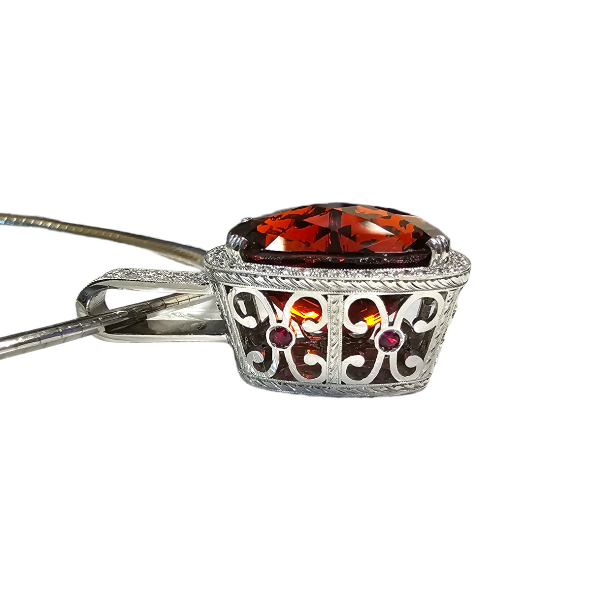 18Kt White Gold Spessartite, Ruby and Diamond Pendant Necklace