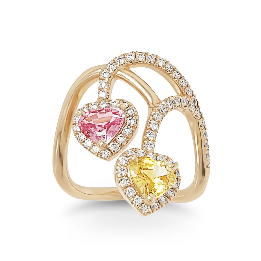 Pink and Yellow Heart-shaped Sapphire Diamond Ring