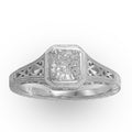 Cushion Cut Diamond in Engraved Gold Ring in 18 Karat White Gold