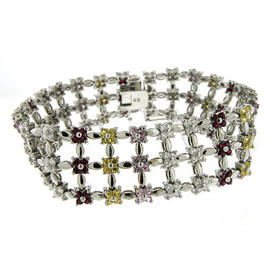 18KW Multicolor Gemstone and Diamond 3 Row Bracelet