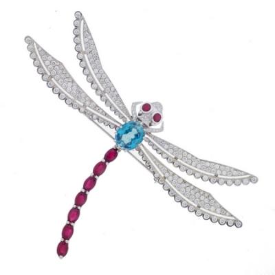 18KW Diamond Ruby and Blue Zircon Dragonfly Brooch