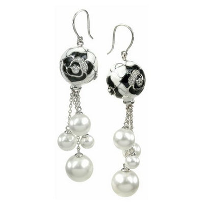 Botanique - Pearl and Black Enamel with CZ Earrings