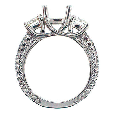Platinum Three Stone Hand Engraved Semi-mount Ring