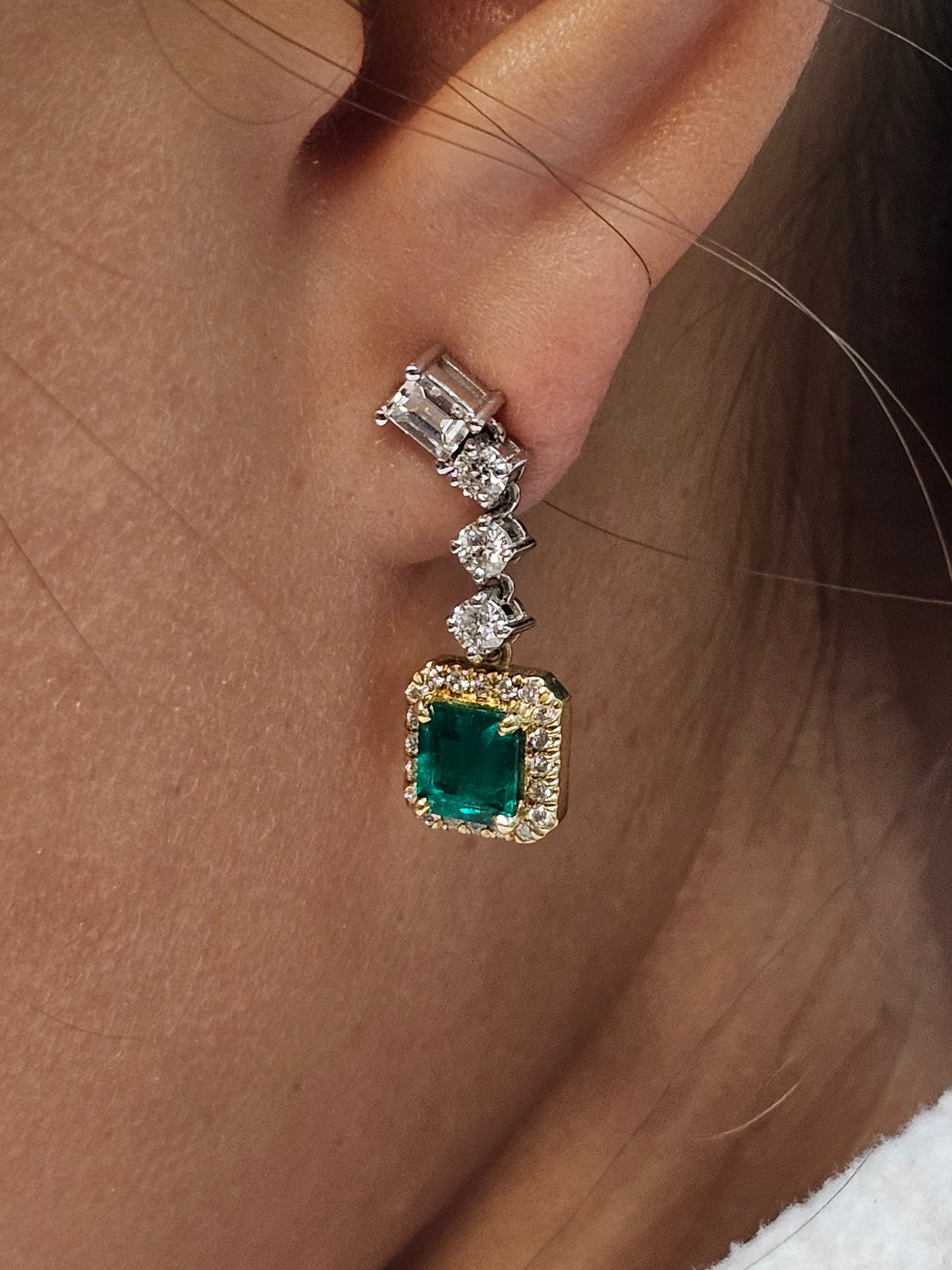 Emerald and Diamond Drop Earring in 18Kt Two Tone Gold
