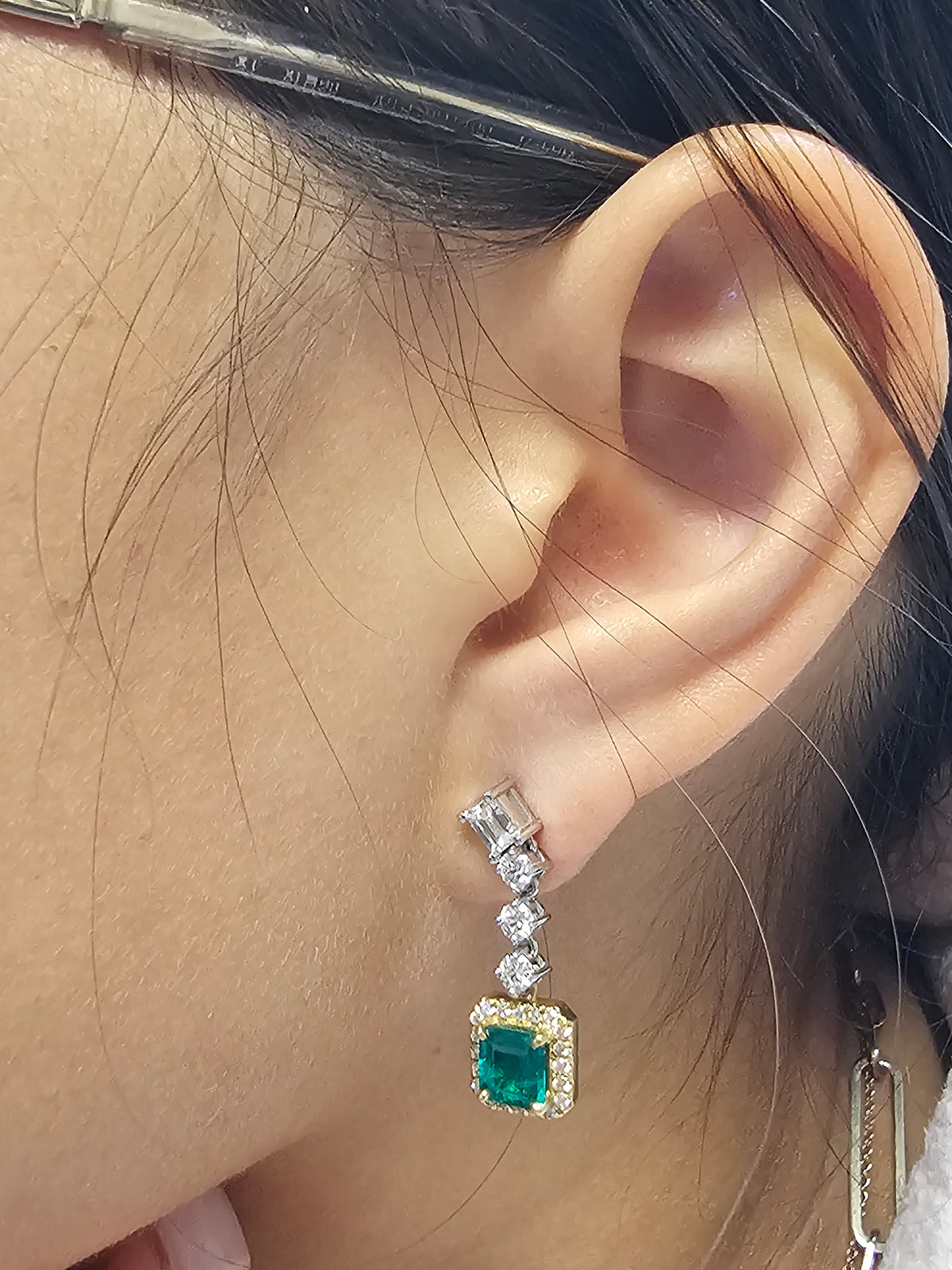 Emerald and Diamond Drop Earring in 18Kt Two Tone Gold