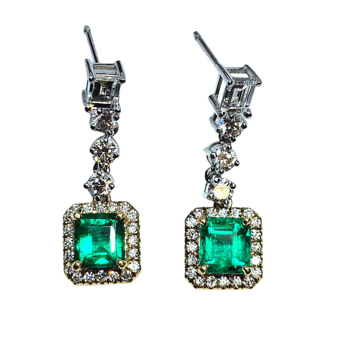 Emerald and Diamond Drop Earring in 18Kt Two Tone Gold