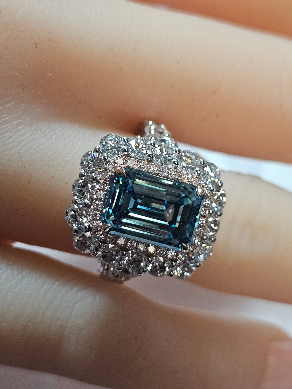 Lab Grown Emerald Cut Blue Diamond Ring in 14Kt White Gold