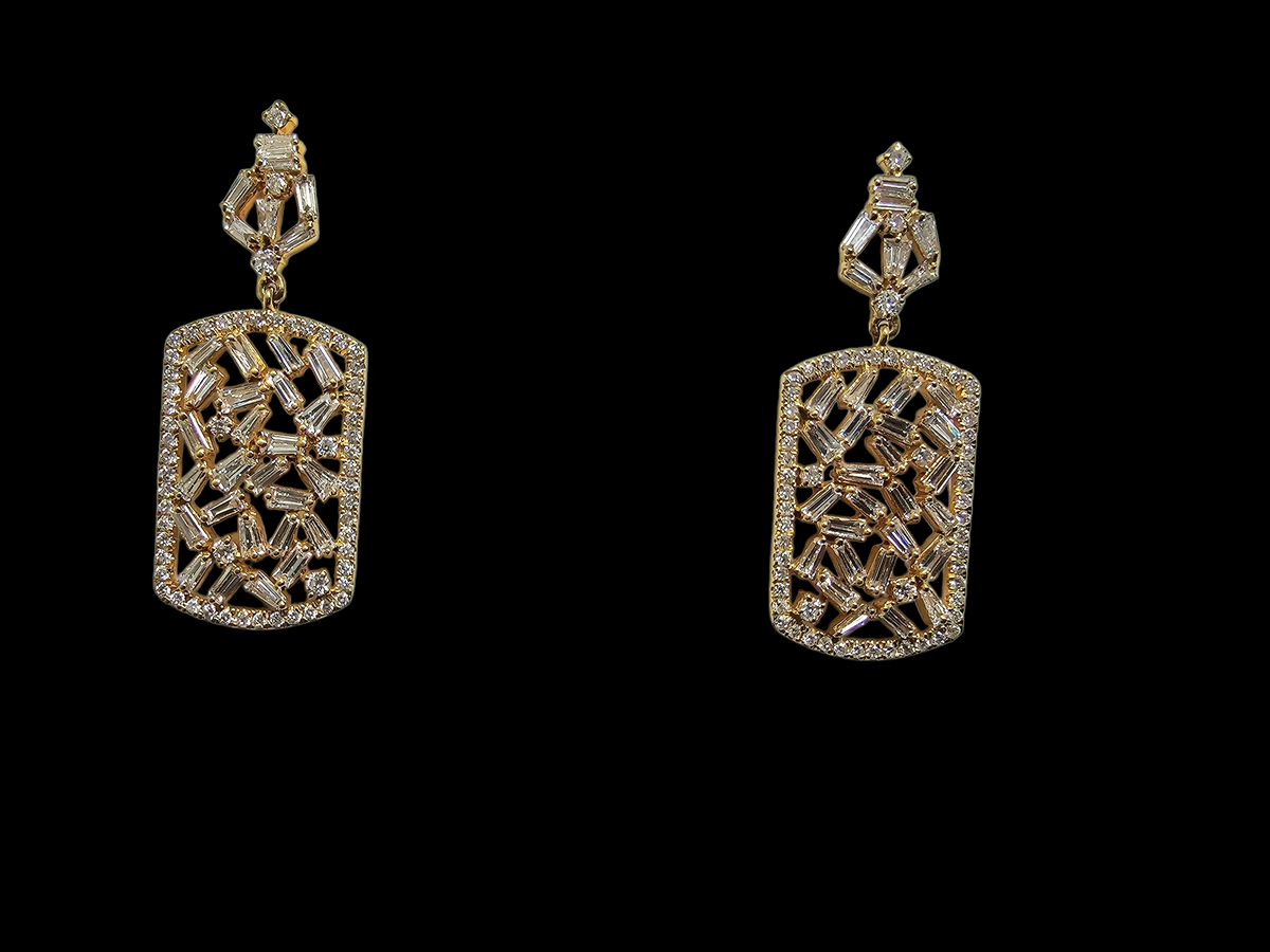 Baguette Cut Diamond Cluster Earrings in 18 Karat Yellow Gold