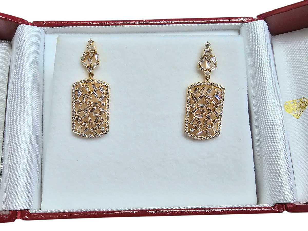 Baguette Cut Diamond Cluster Earrings in 18 Karat Yellow Gold
