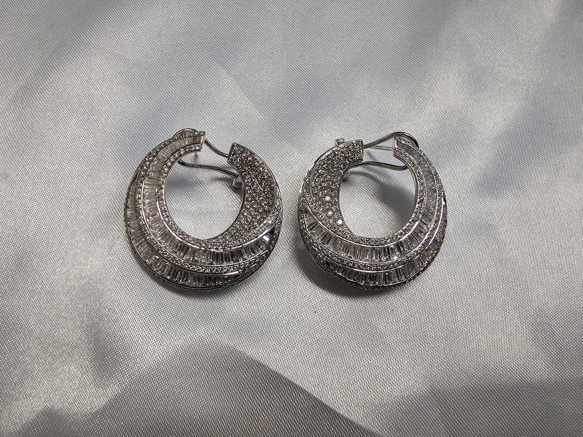 Round and Baguette Diamond Moon Hoop Earrings in 18 Karat White Gold
