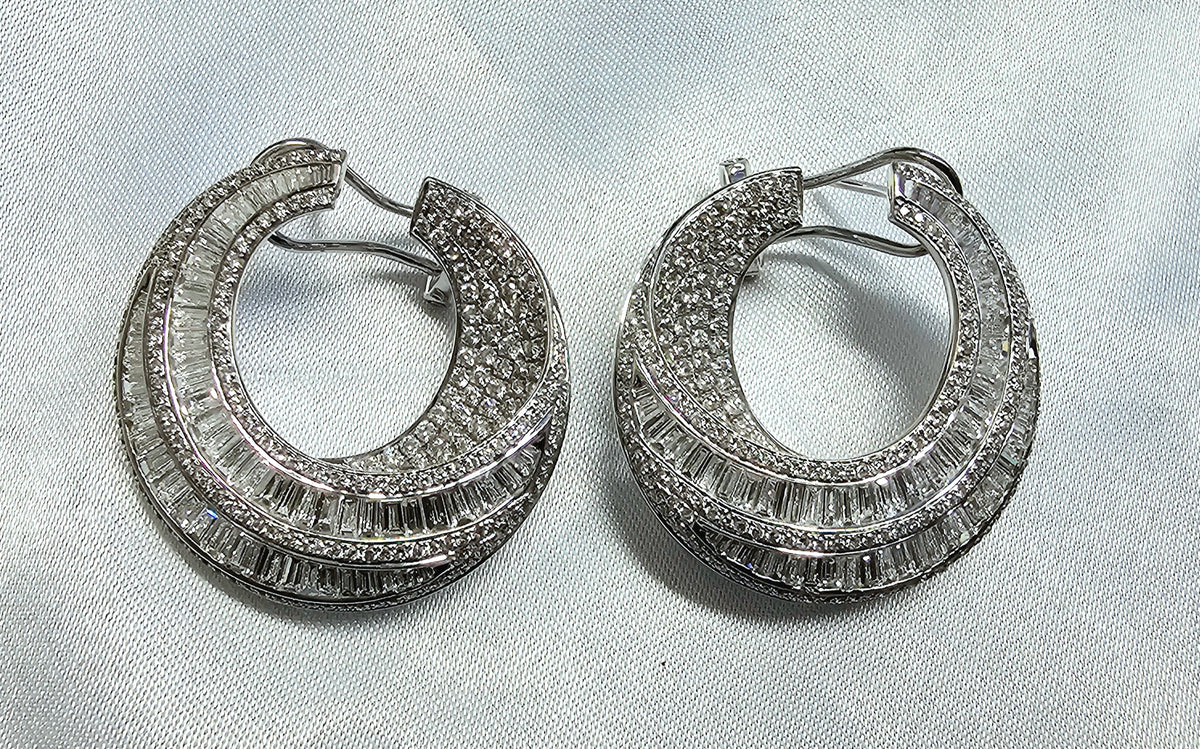 Round and Baguette Diamond Moon Hoop Earrings in 18 Karat White Gold