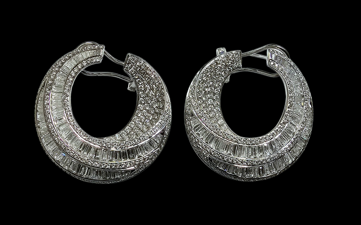 Round and Baguette Diamond Moon Hoop Earrings in 18 Karat White Gold