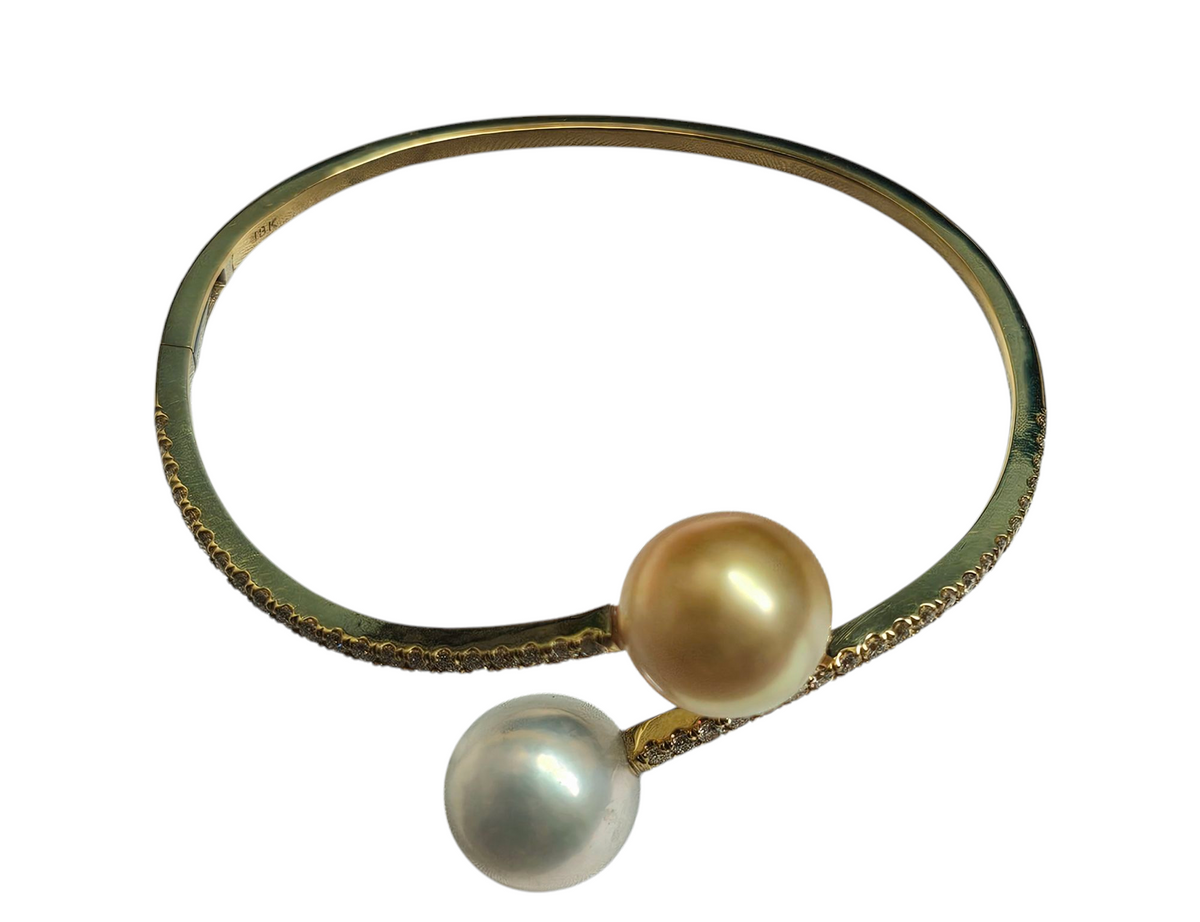 White and Yellow Pearl Diamond Bangle Bracelet in 18 Karat Yellow Gold