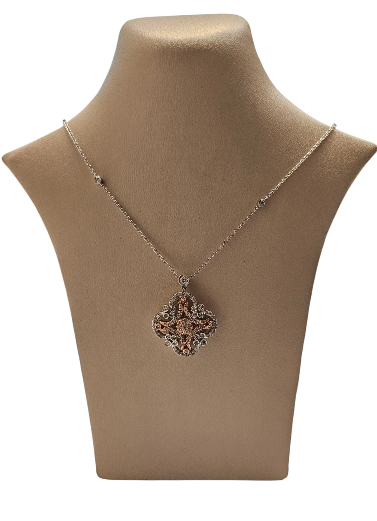 Pendant in 14 Karat Two Tone Rose and White Gold in Intricate Clover Design with Diamonds