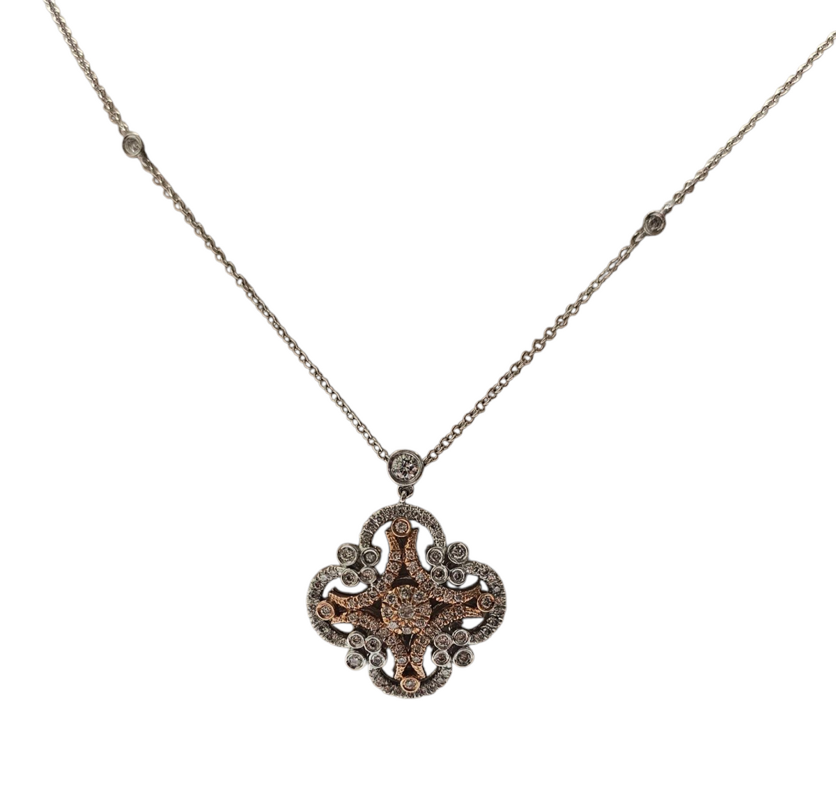 Pendant in 14 Karat Two Tone Rose and White Gold in Intricate Clover Design with Diamonds