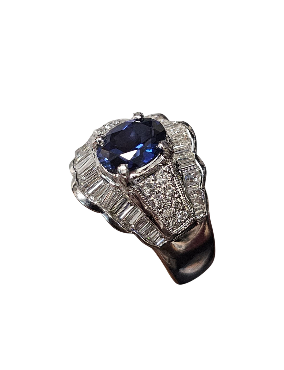 Lab Grown Blue Sapphire and Baguette Diamond Ring in 18 Karat White Gold