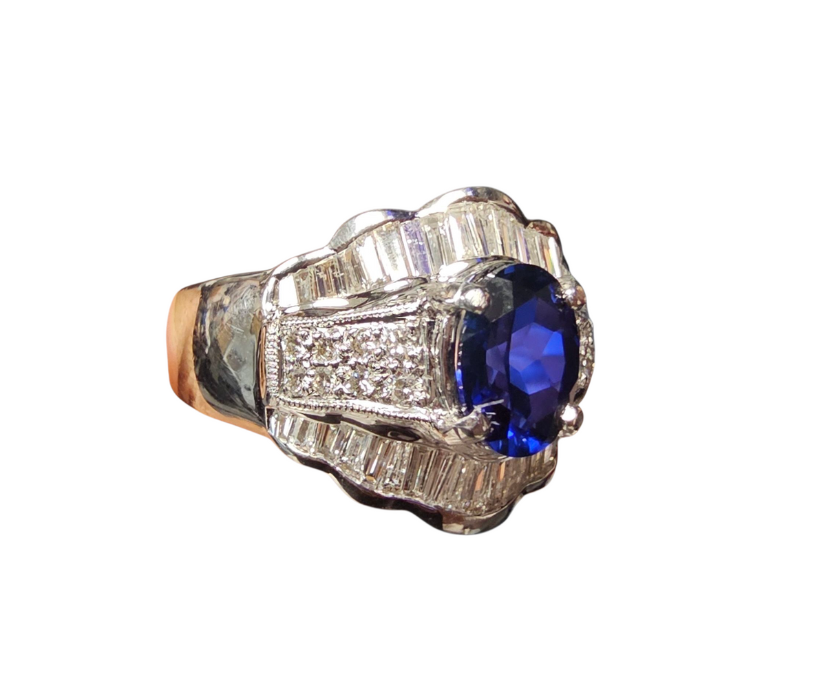Lab Grown Blue Sapphire and Baguette Diamond Ring in 18 Karat White Gold