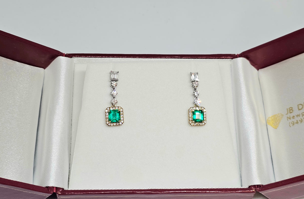 Emerald and Diamond Drop Earring in 18Kt Two Tone Gold