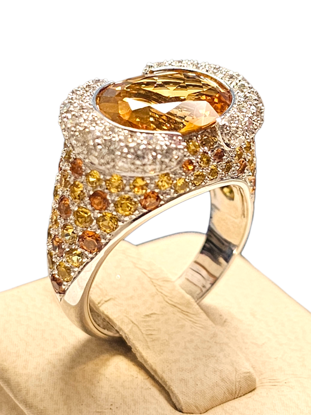 18Kt White Gold Citrine, Yellow Sapphire, and Diamond Ladies Ring