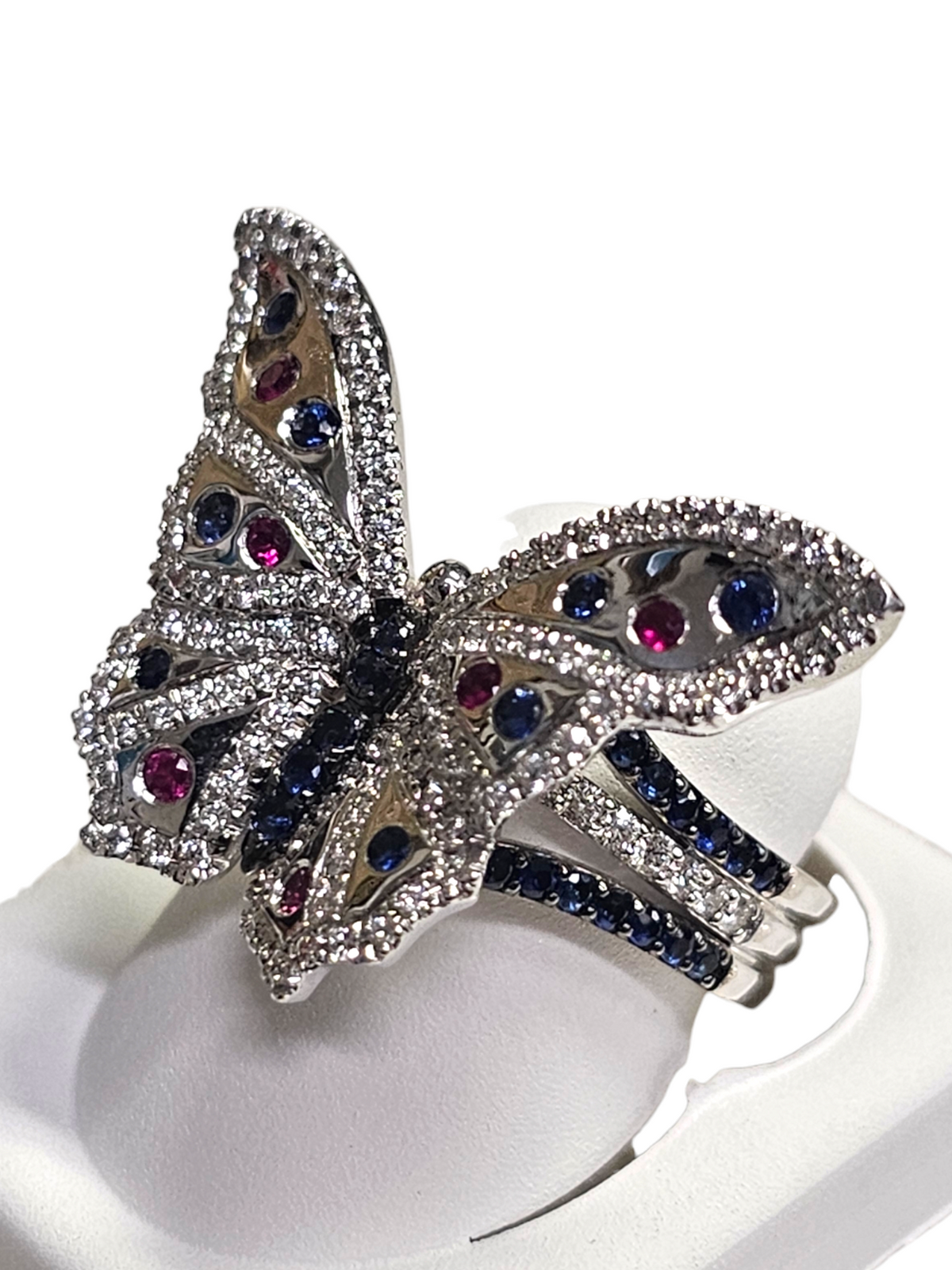 18Kt White Gold Diamond Blue Sapphire and Ruby Butterfly Ring