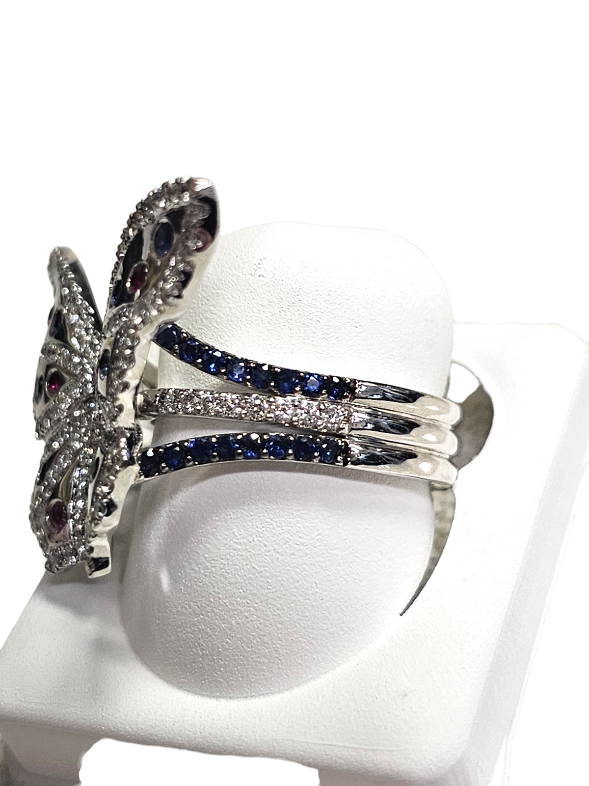 18Kt White Gold Diamond Blue Sapphire and Ruby Butterfly Ring