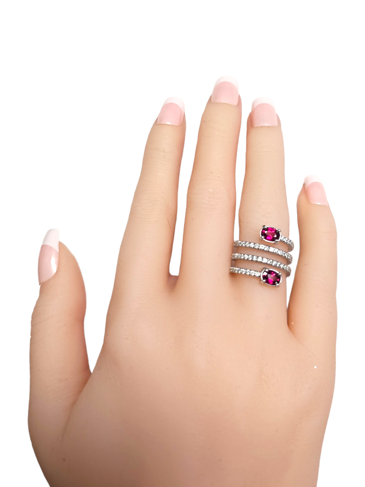 18Kt White Gold Ruby and Diamond Spiral Ring