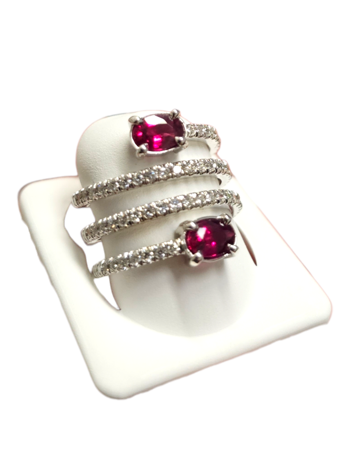 18Kt White Gold Ruby and Diamond Spiral Ring