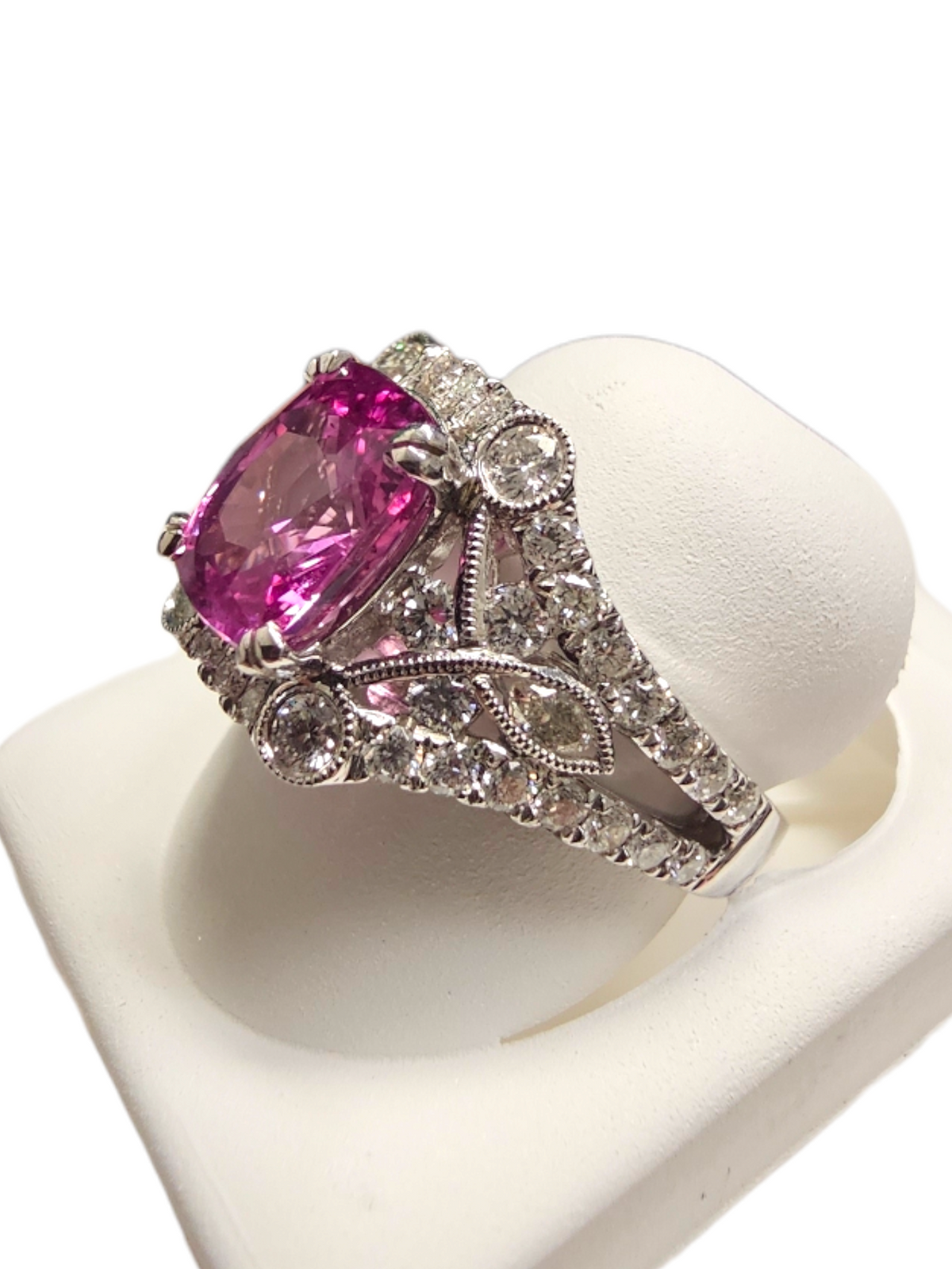 18Kt White Gold Pink Sapphire and Diamond Ladies Ring