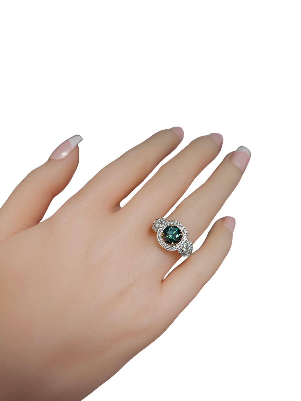 18Kt White Gold and Green and White Diamond Ring