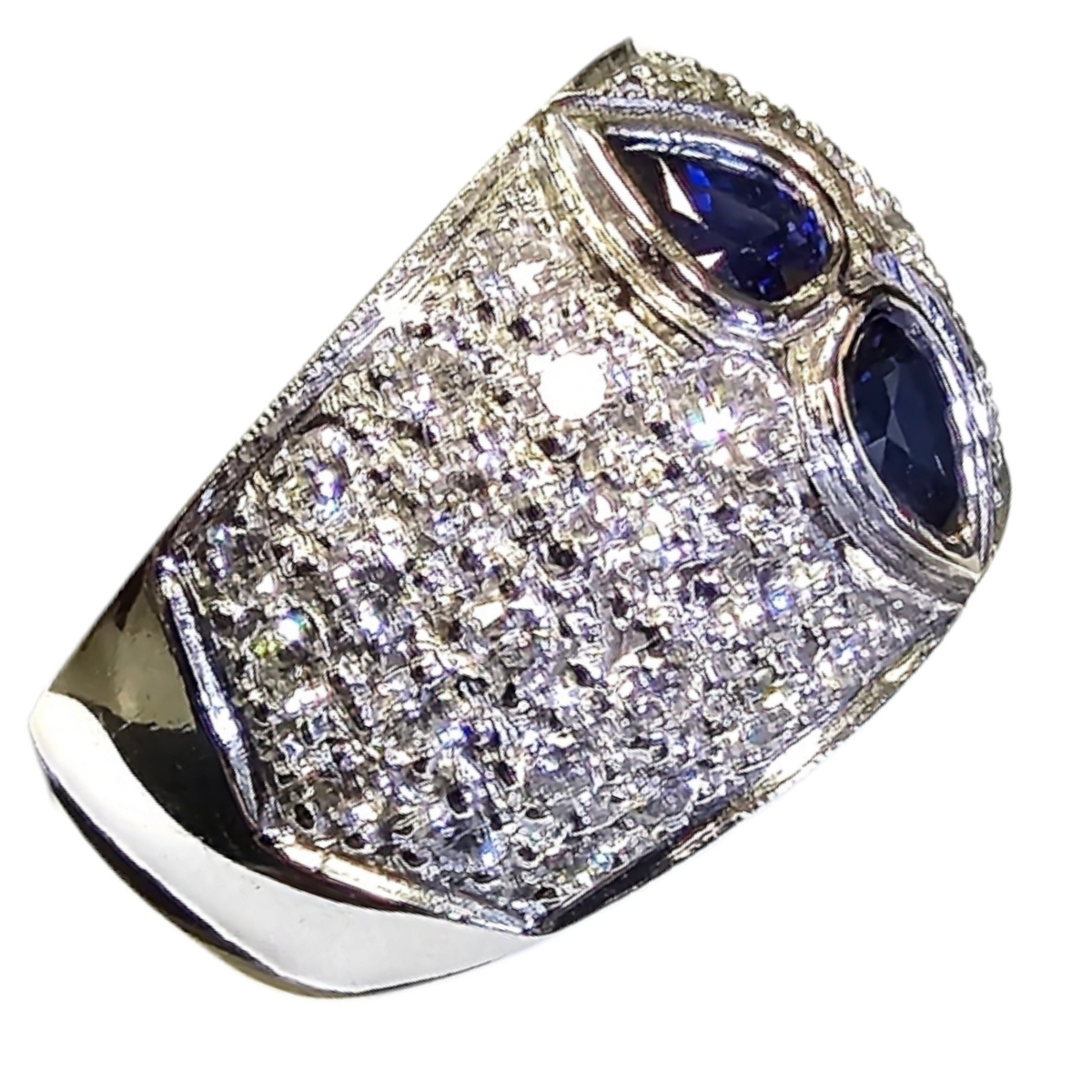 18Kt White Gold Blue Sapphire and Diamond Thick Band Ring
