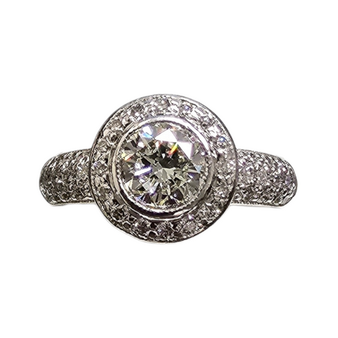 Platinum Round Cut Diamond Bezel Set Halo Engagement Ring