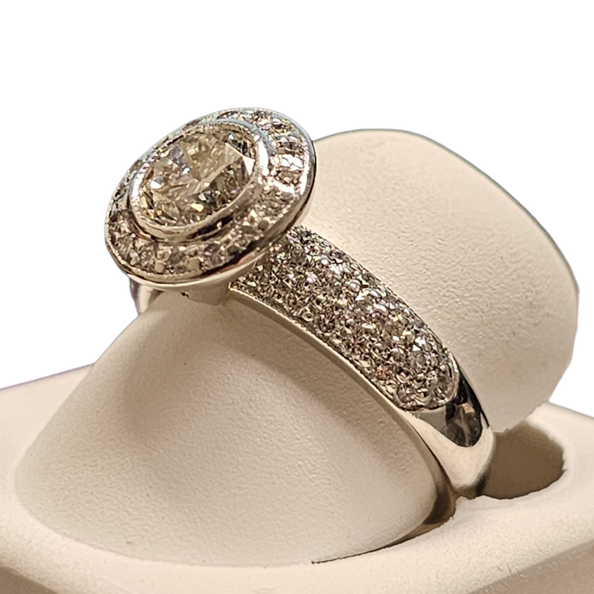 Platinum Round Cut Diamond Bezel Set Halo Engagement Ring