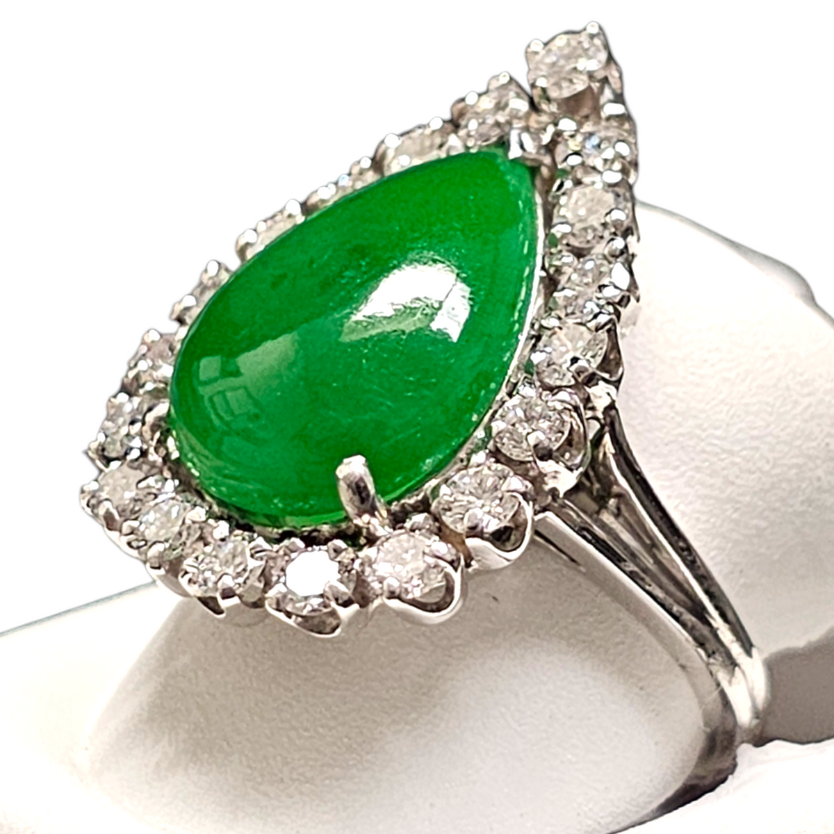 18Kt White Gold Pear Shaped Jade with Diamond Halo Ring