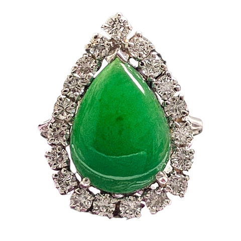 18Kt White Gold Pear Shaped Jade with Diamond Halo Ring
