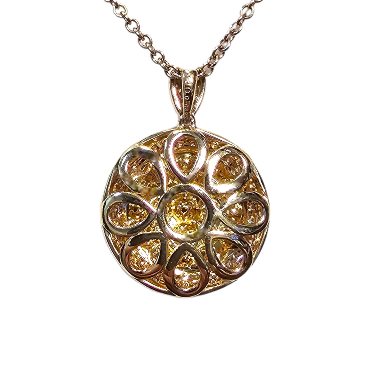 18Kt Two Tone Gold Diamond Cluster Drop Pendant Necklace