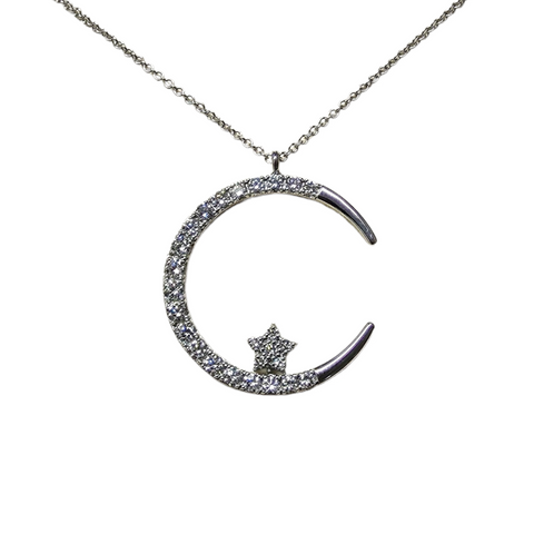 18Kt White Gold Diamond Crescent Moon Star Pendant Necklace