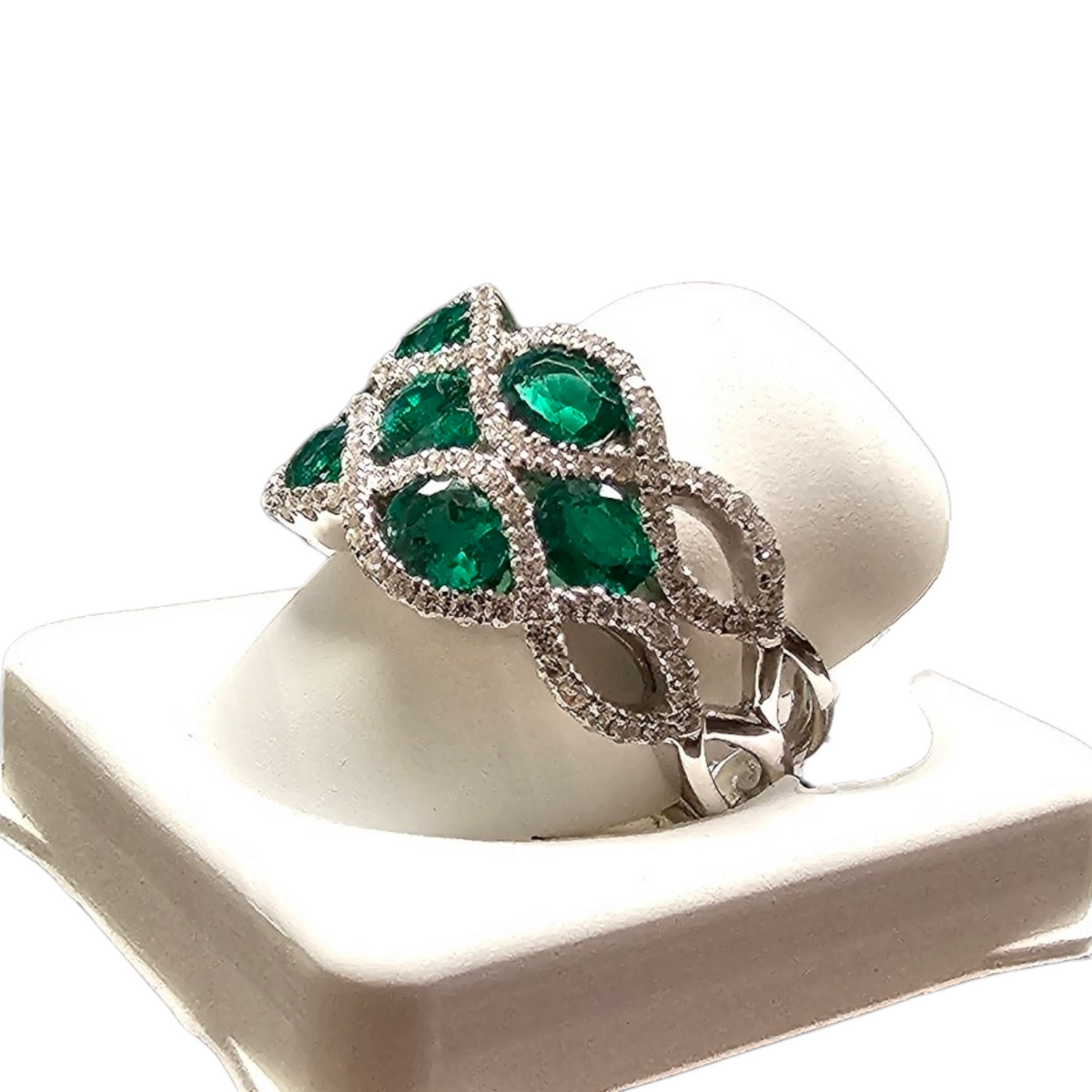 18Kt White Gold Emerald and Diamond Wavy Style Ring
