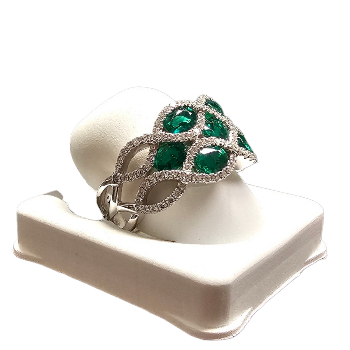 18Kt White Gold Emerald and Diamond Wavy Style Ring