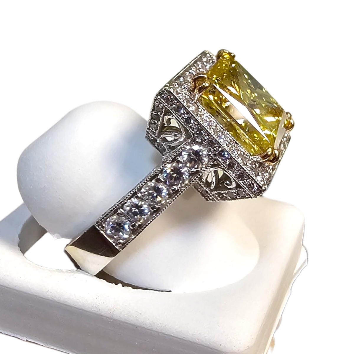 18Kt White Gold Princess Cut Fancy Intense Yellow Diamond Ring