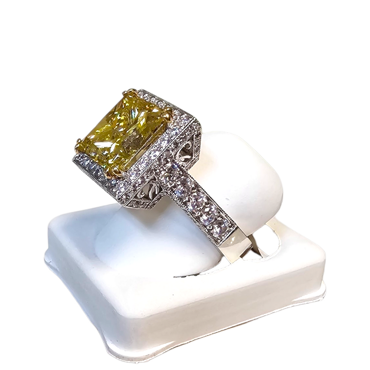 18Kt White Gold Princess Cut Fancy Intense Yellow Diamond Ring