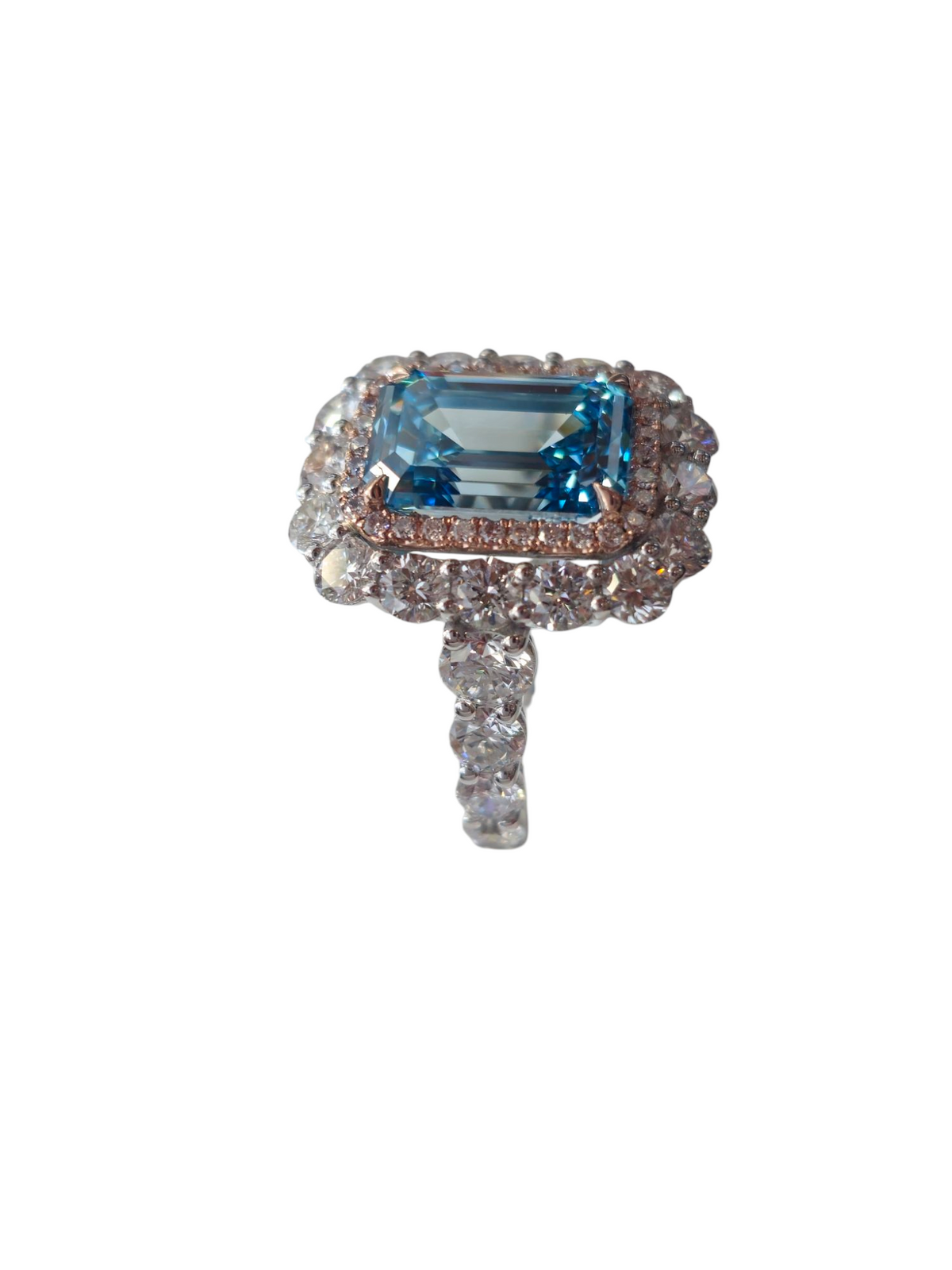 Lab Grown Emerald Cut Blue Diamond Ring in 14Kt White Gold