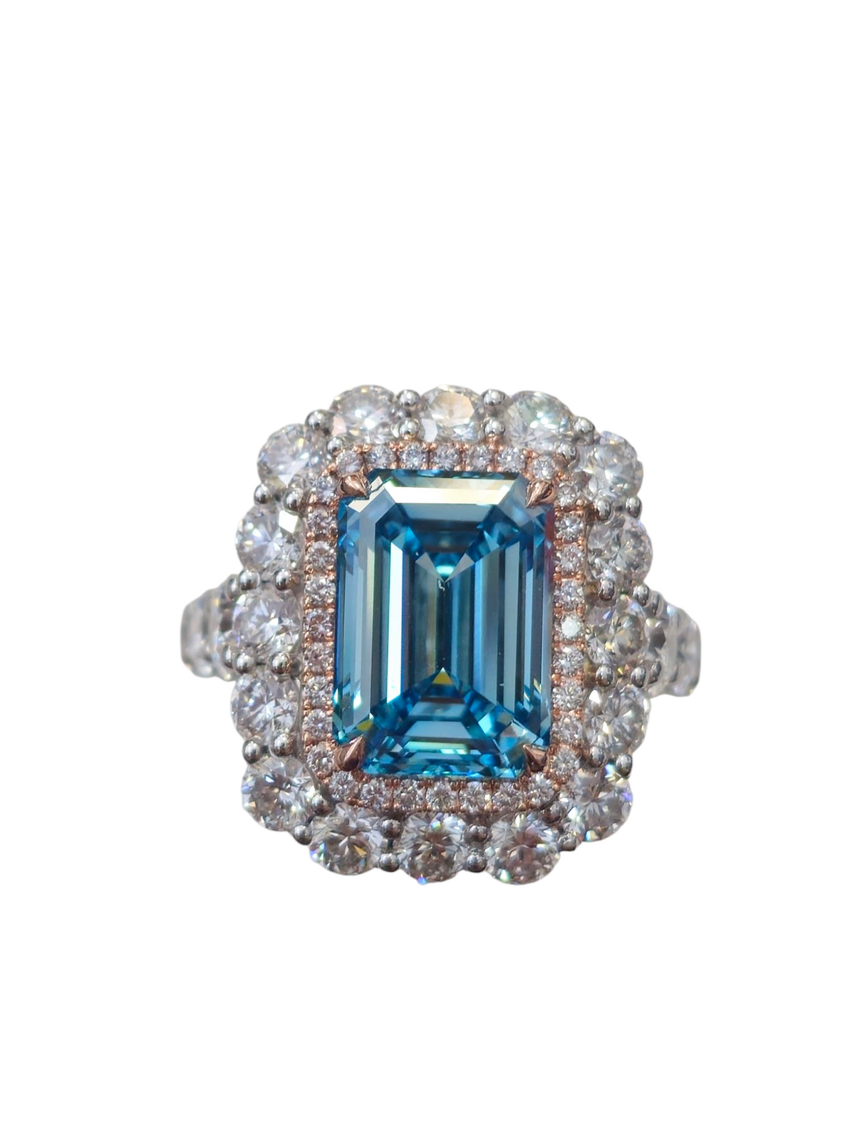 Lab Grown Emerald Cut Blue Diamond Ring in 14Kt White Gold