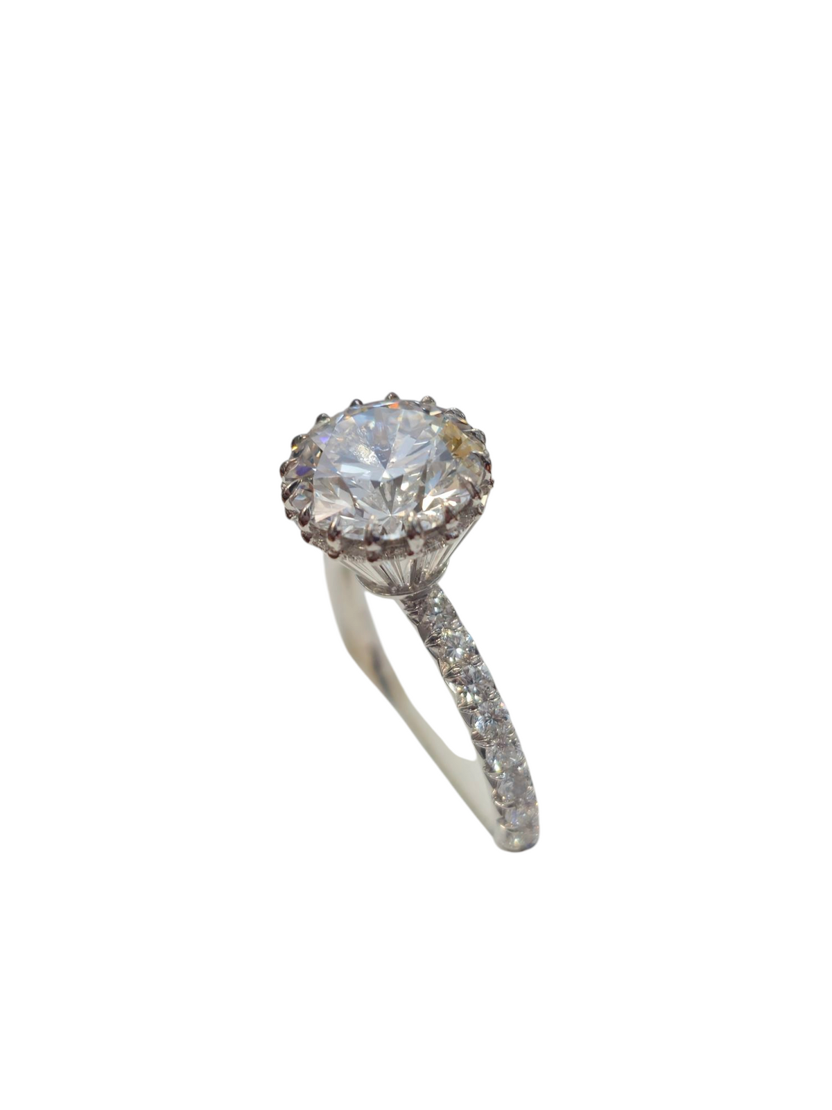 Solitaire 3.52Ct Center w/ Custom Cut Baguettes Wrapped Around Under the Crown w/ 1.87Ct Side Diamonds in 14Kt White Gold
