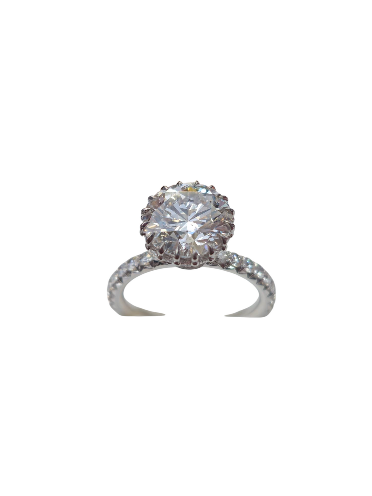Solitaire 3.52Ct Center w/ Custom Cut Baguettes Wrapped Around Under the Crown w/ 1.87Ct Side Diamonds in 14Kt White Gold