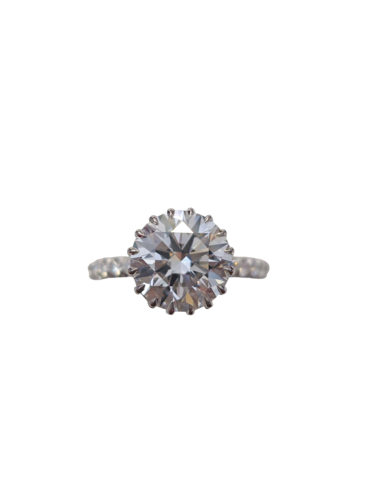 Solitaire 3.52Ct Center w/ Custom Cut Baguettes Wrapped Around Under the Crown w/ 1.87Ct Side Diamonds in 14Kt White Gold