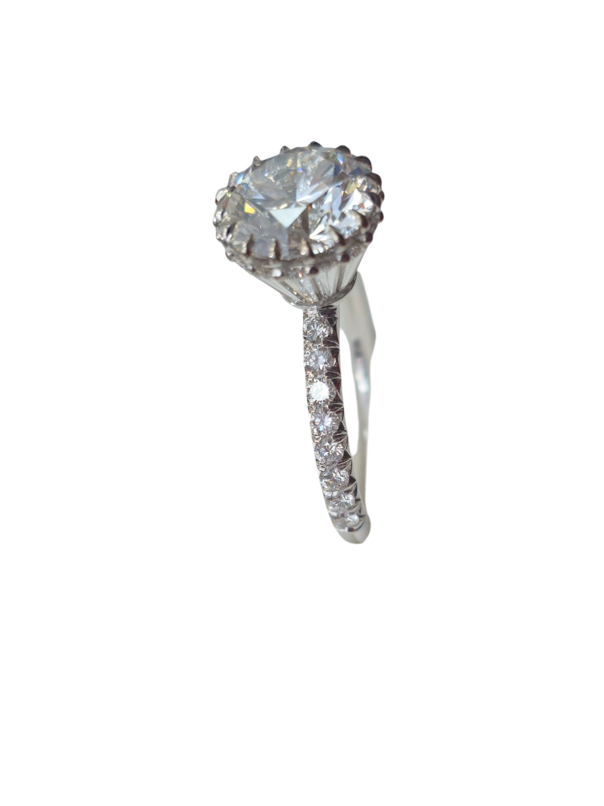Solitaire 3.52Ct Center w/ Custom Cut Baguettes Wrapped Around Under the Crown w/ 1.87Ct Side Diamonds in 14Kt White Gold