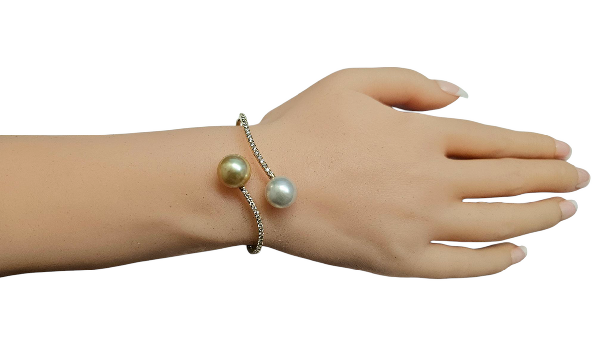 White and Yellow Pearl Diamond Bangle Bracelet in 18 Karat Yellow Gold