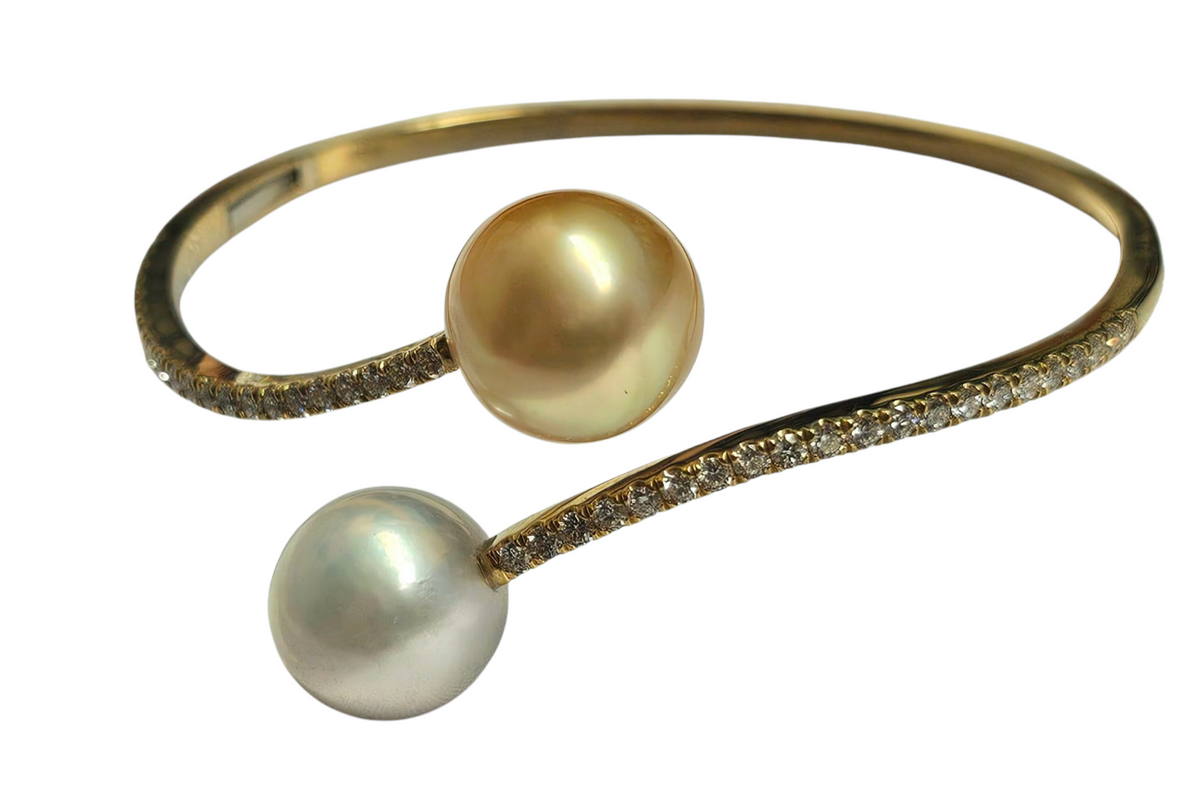 White and Yellow Pearl Diamond Bangle Bracelet in 18 Karat Yellow Gold